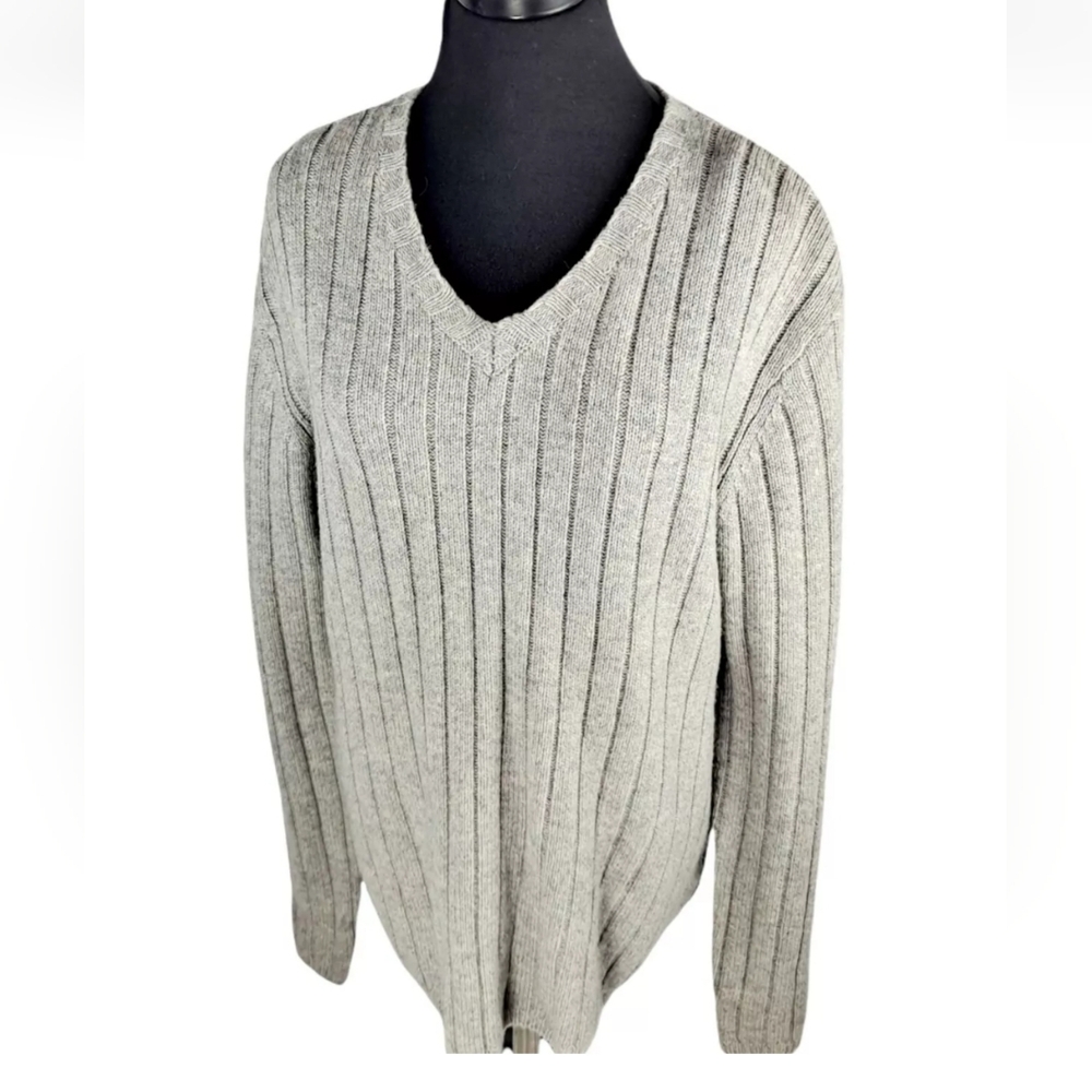 Timberland Men's Gray V-Neck Cable Knit Sweater Lambswool Blend Large